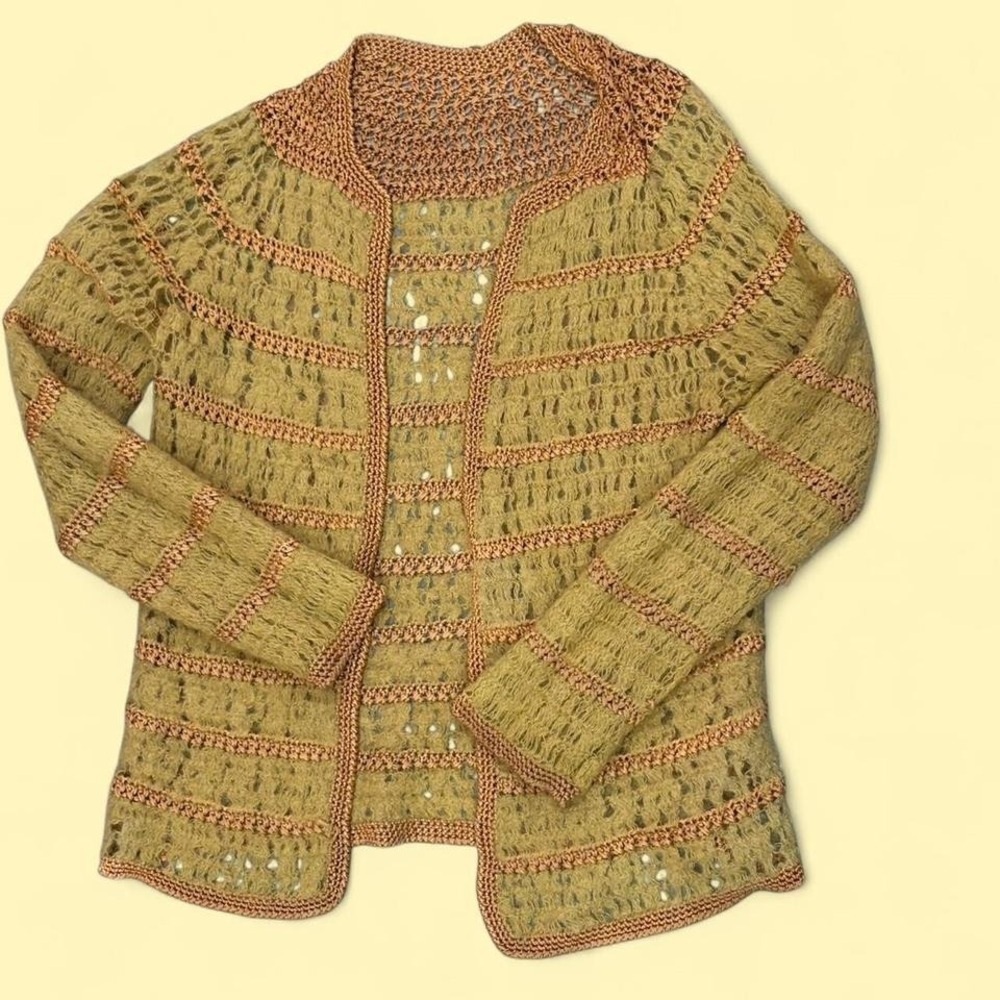 Yellow and orange crochet cardigan with a boho vibe